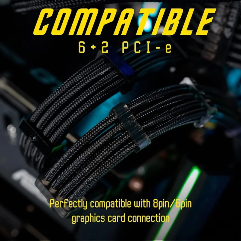 AsiaHorse 18AWG PSU Cable Extension Kit - Sleeved Soft Braided Custom Mod Cables with Two-Color Comb Kit for GPU/CPU/Motherboard - 24Pin ATX, 8Pin to 4+4Pin EPS, 8Pin to 6+2Pin PCIe - 30cm Black Mix - Gallery Image