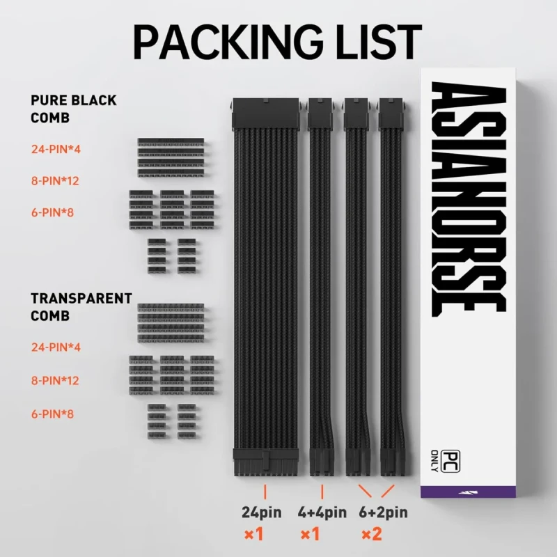 AsiaHorse 18AWG PSU Cable Extension Kit - Sleeved Soft Braided Custom Mod Cables with Two-Color Comb Kit for GPU/CPU/Motherboard - 24Pin ATX, 8Pin to 4+4Pin EPS, 8Pin to 6+2Pin PCIe - 30cm Black Mix - Gallery Image