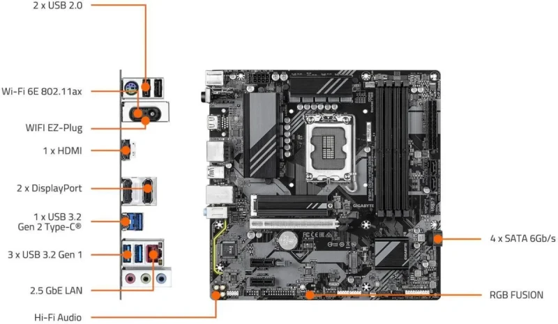 GIGABYTE B760M DS3H WIFI6E GEN5 LGA 1700 Intel B760 M-ATX Motherboard with DDR5, M.2, PCIe 5.0, USB 3.2 Gen 2 Type-C, WIFI6E 2.5GbE LAN, WIFI EZ-Plug, PCIe EZ-Latch - Image 5