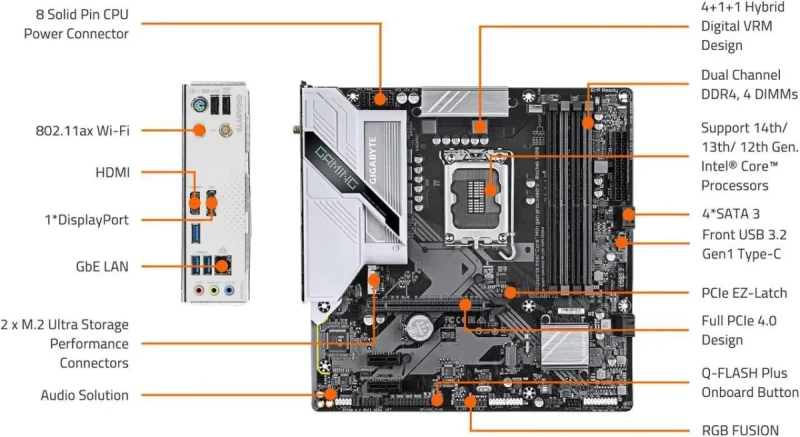 GIGABYTE B760M GAMING PLUS WIFI DDR4 LGA 1700 Intel B760 M-ATX Motherboard with DDR4, 2* M.2, PCIe 4.0, Front USB 3.2 Gen 1 Type-C, WiFi 6 GbE LAN, Q-Flash Plus, PCIe EZ-Latch - Image 4