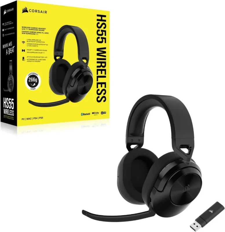 CORSAIR HS55 WIRELESS Multiplatform Lightweight Gaming Headset With Bluetooth - Dolby 7.1 Surround Sound - iCUE Compatible - PC, PS5, PS4, Nintendo Switch, Mobile - Black - Image 12