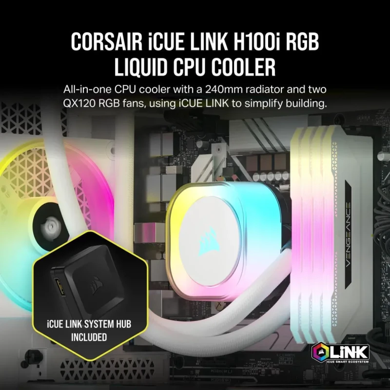 CORSAIR iCUE LINK H100i RGB Liquid CPU Cooler - QX120 RGB Fans - White - 240mm Radiator - Fits Intel LGA 1851, 1700, AMD AM5 - iCUE LINK System Hub Included - Image 2