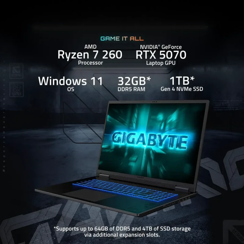 GIGABYTE GAMING A18 3WHK3USC64SH: 18" WQXGA 165Hz, Ryzen 7 260, RTX 5070, 32GB DDR5, 1TB SSD, Win11 - Image 11