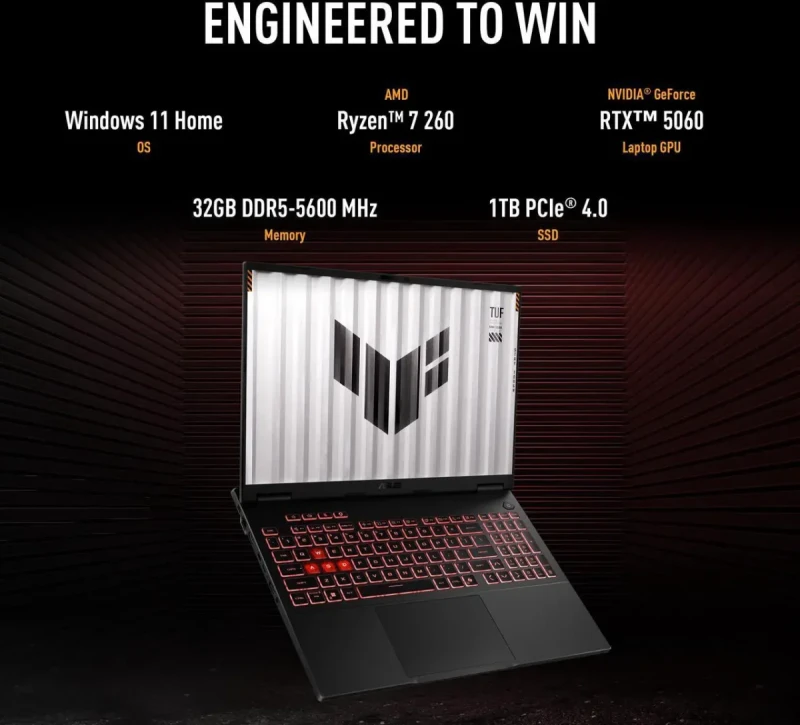 ASUS TUF Gaming A16 - 16" GeForce RTX 5060 Laptop GPU - AMD Ryzen 7 260 - 32GB Memory - 1 TB PCIe SSD - Windows 11 Home Gaming Laptop - 165 Hz IPS (FA608UM-NS76 ) - Image 6