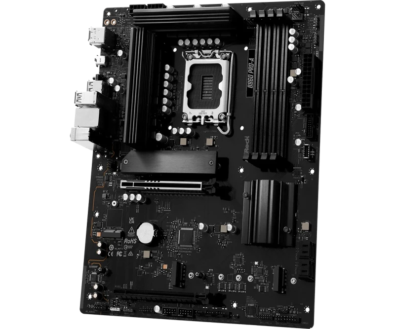 ASRock B860 Pro-A WiFi ATX Motherboard – Intel B860 Chipset, LGA1851 Socket, DDR5 up to 8666(OC), 4x DIMM Slots, 3x M.2 & 4x SATA III, Wi-Fi 6E & Bluetooth 5.3, 2.5Gb Ethernet, HDMI 2.1 & DisplayPort 1.4, Realtek ALC897 7.1 Audio - Gallery Image