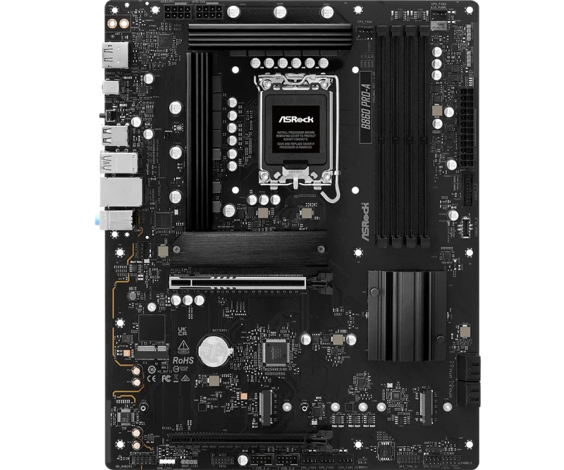 ASRock B860 Pro-A WiFi ATX Motherboard – Intel B860 Chipset, LGA1851 Socket, DDR5 up to 8666(OC), 4x DIMM Slots, 3x M.2 & 4x SATA III, Wi-Fi 6E & Bluetooth 5.3, 2.5Gb Ethernet, HDMI 2.1 & DisplayPort 1.4, Realtek ALC897 7.1 Audio - Gallery Image