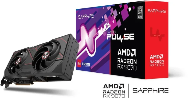 Sapphire PULSE Radeon RX 9070 16GB – AMD RDNA GPU, 16GB GDDR6, Boost Clock up to 2700 MHz, Dual-Fan PULSE Cooling, High-Performance Gaming Graphics Card, PCIe Interface, HDMI/DisplayPort Outputs, 280 mm Length - Gallery Image