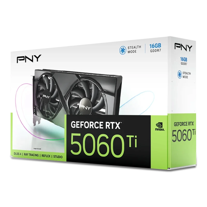 PNY GeForce RTX 5060 Ti Dual Fan 16GB Graphics Card – NVIDIA Blackwell RTX 5060 Ti GPU, 4608 CUDA Cores, 16 GB GDDR7 128-bit Memory, 448 GB/s Bandwidth, PCIe 5.0 x8, Dual-Fan Cooling, Dual-Slot, HDMI 2.1b & 3x DisplayPort 2.1b, 245 mm Length, 180 W TDP - Gallery Image
