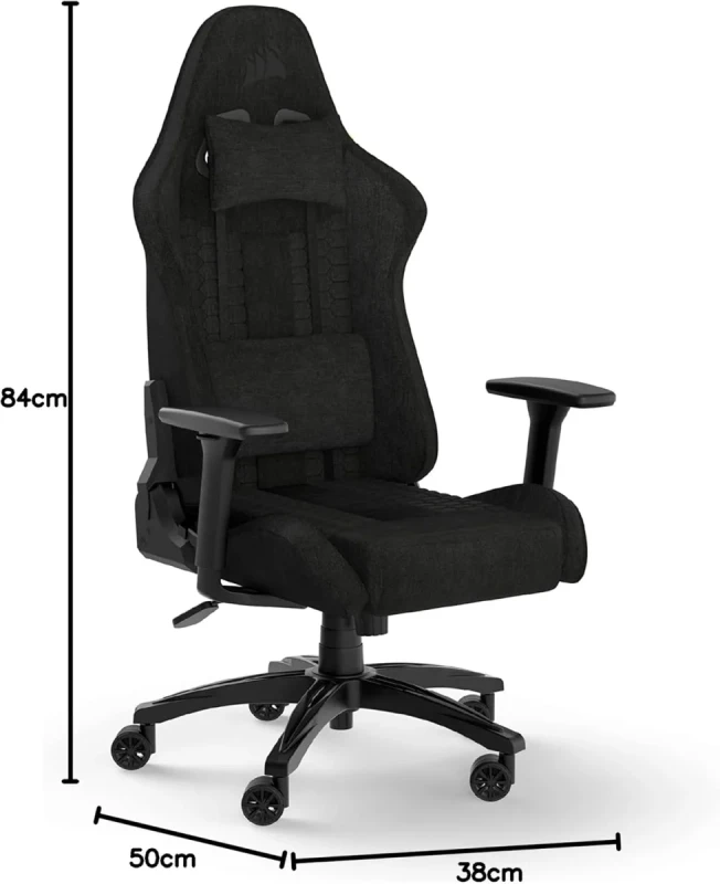 Corsair TC100 Relaxed Gaming Chair - Black Fabric, Racing-Inspired Design, Adjustable Lumbar Cushion, Removable Memory Foam Neck Pillow, Reclining Backrest - Gallery Image