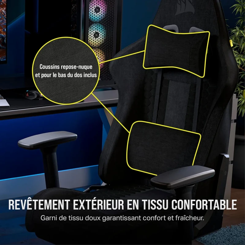 Corsair TC100 Relaxed Gaming Chair - Black Fabric, Racing-Inspired Design, Adjustable Lumbar Cushion, Removable Memory Foam Neck Pillow, Reclining Backrest - Gallery Image