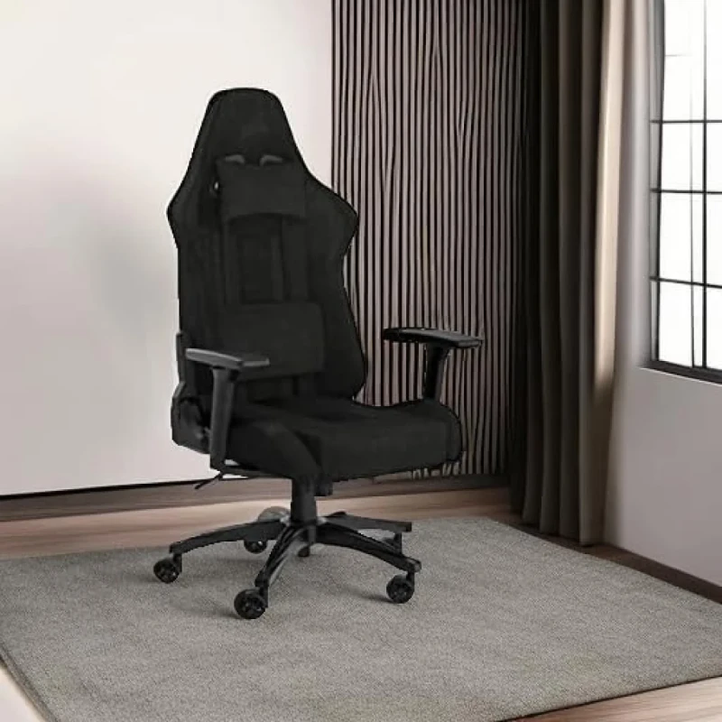 Corsair TC100 Relaxed Gaming Chair - Black Fabric, Racing-Inspired Design, Adjustable Lumbar Cushion, Removable Memory Foam Neck Pillow, Reclining Backrest - Gallery Image
