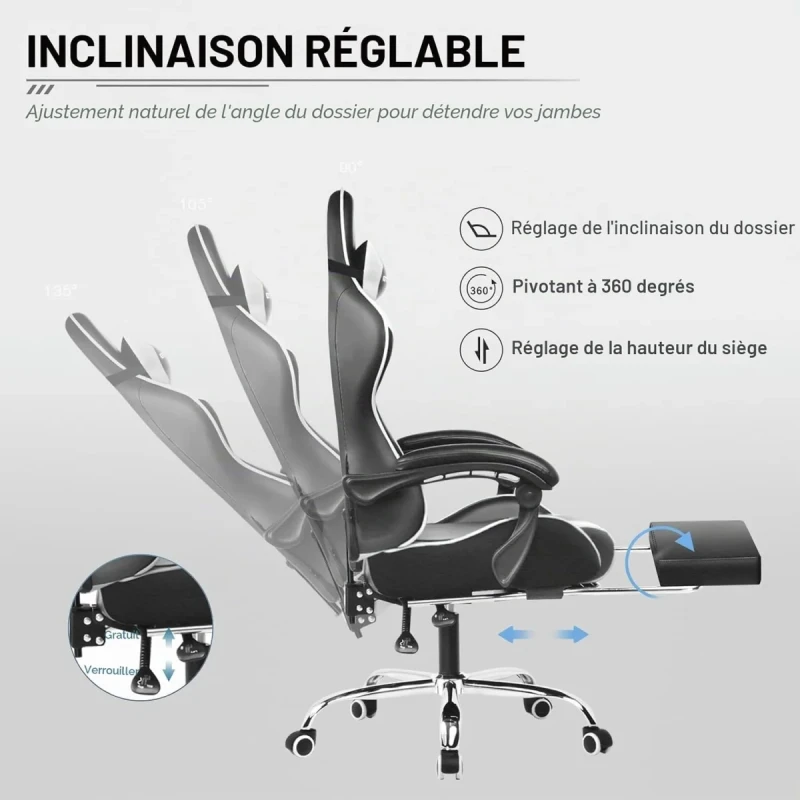 GTPLAYER GT800A Gaming Chair - White PU Leather, Lumbar Massage, Retractable Footrest, 135° Reclining Backrest, Adjustable Armrests, 150kg Weight Capacity - Gallery Image