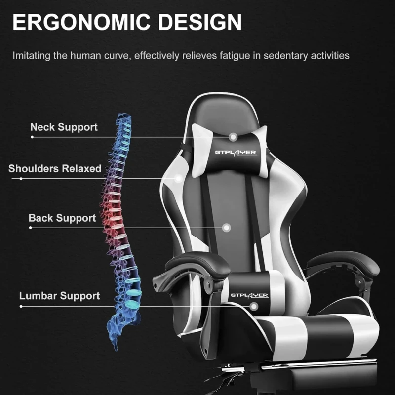 GTPLAYER GT800A Gaming Chair - White PU Leather, Lumbar Massage, Retractable Footrest, 135° Reclining Backrest, Adjustable Armrests, 150kg Weight Capacity - Gallery Image