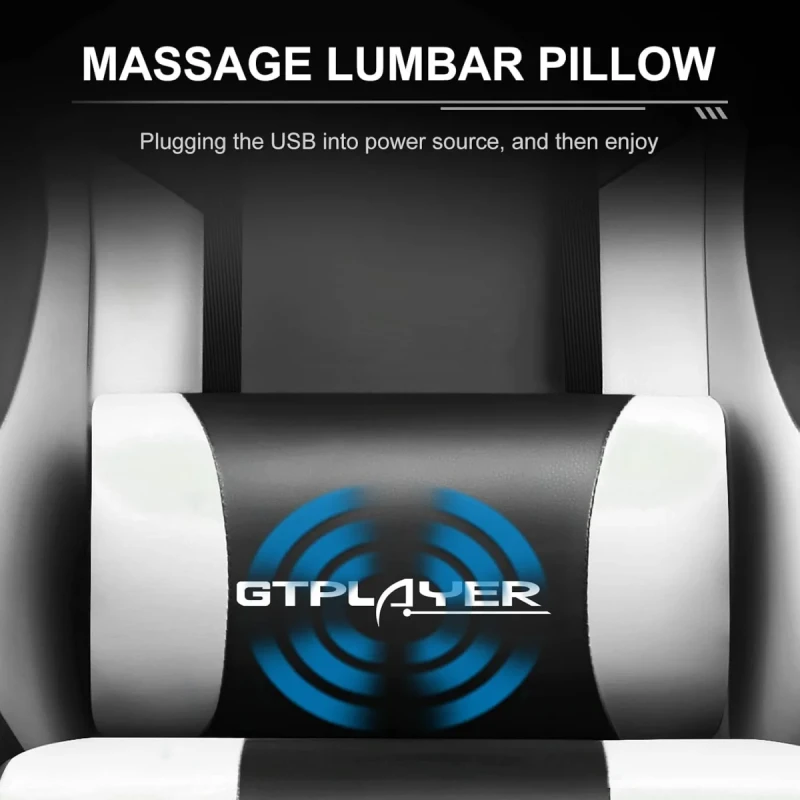 GTPLAYER GT800A Gaming Chair - White PU Leather, Lumbar Massage, Retractable Footrest, 135° Reclining Backrest, Adjustable Armrests, 150kg Weight Capacity - Gallery Image