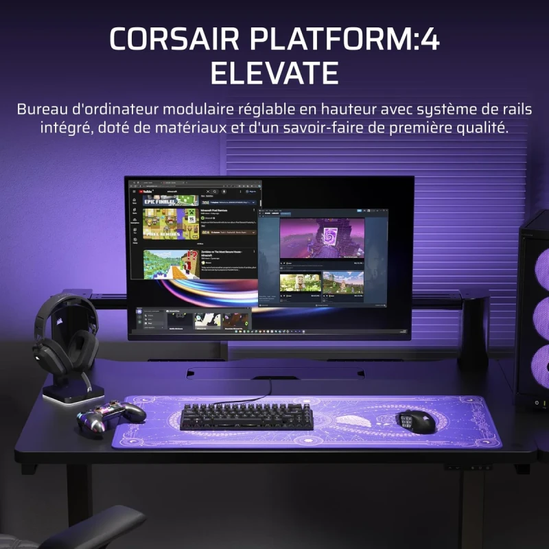 CORSAIR Platform:4 Elevate Electric Standing Desk - 120 x 76cm, Height Adjustable, Electric Sit-Stand, Included Monitor Arm, Cable Management, Black - Gallery Image