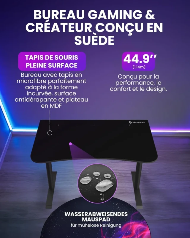 Arozzi Arena Gaming Desk Small - Intense Black, Full-Surface Water-Resistant Mouse Pad, Cable Management, Steel Frame, Compact Gaming Desk - Gallery Image